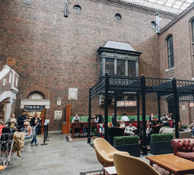 A bustling Kresge Court during the afternoon