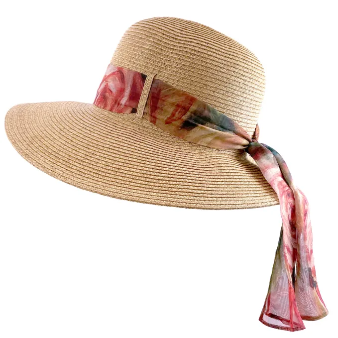 Straw hat with chiffon scarf featuring Renoir's 'Roses'.