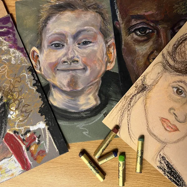 Examples of pastel portraits made in the DIA's art-making studio