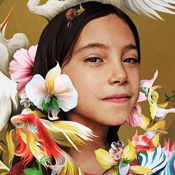 A portrait of a young girl surrounded by birds, fish, and tropical colors.