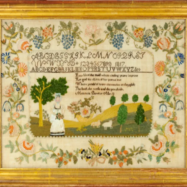 Melancia Bowker. Sampler, 1817. Silk, chenille, paint, paper and ink on linen. Collection of Sharon and Jeffery Lipton. Photo courtesy of Stephen & Carol Huber.