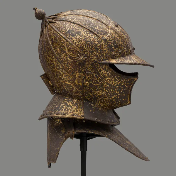 Circle of the Master MP (Brussels, present-day Belgium), Parade Burgonet (helmet) and Gorget (throat defense) of Jean de Cröy, Comte de Solre, ca. 1624, russeted steel, gold leaf, crimson-dyed velvet. Musée des Beaux-Arts, Valenciennes, France.  Photo Credit: Detroit Institute of Arts