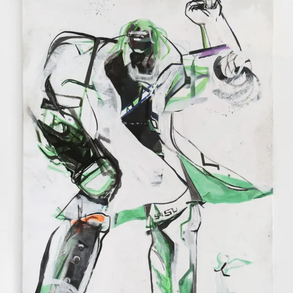 Image caption: Israel Aten, Untitled, 2017, Acrylic, oil stick, spray paint, sharpie 210 × 160 cm (82 ⅝ × 63 inches)